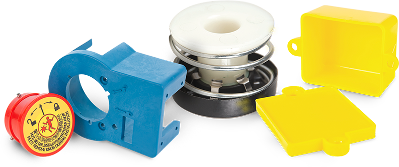 ohio-plastic-injection-molding plastic injection molding company parts that are blue, red, yellow, & black