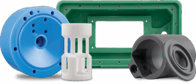 plastic machining parts that are blue, green, white, & grey