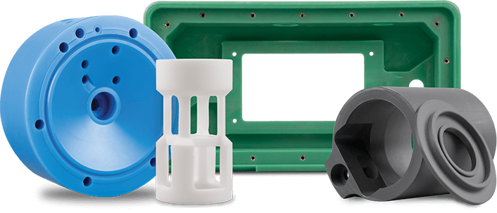 plastic machining parts that are blue, green, white, & grey