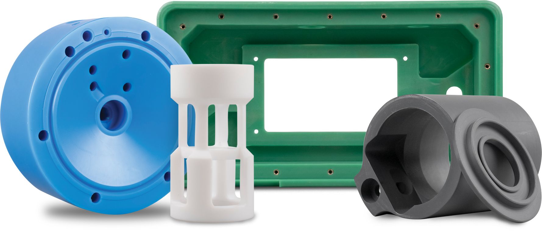 plastic machining parts that are blue, green, white, & grey